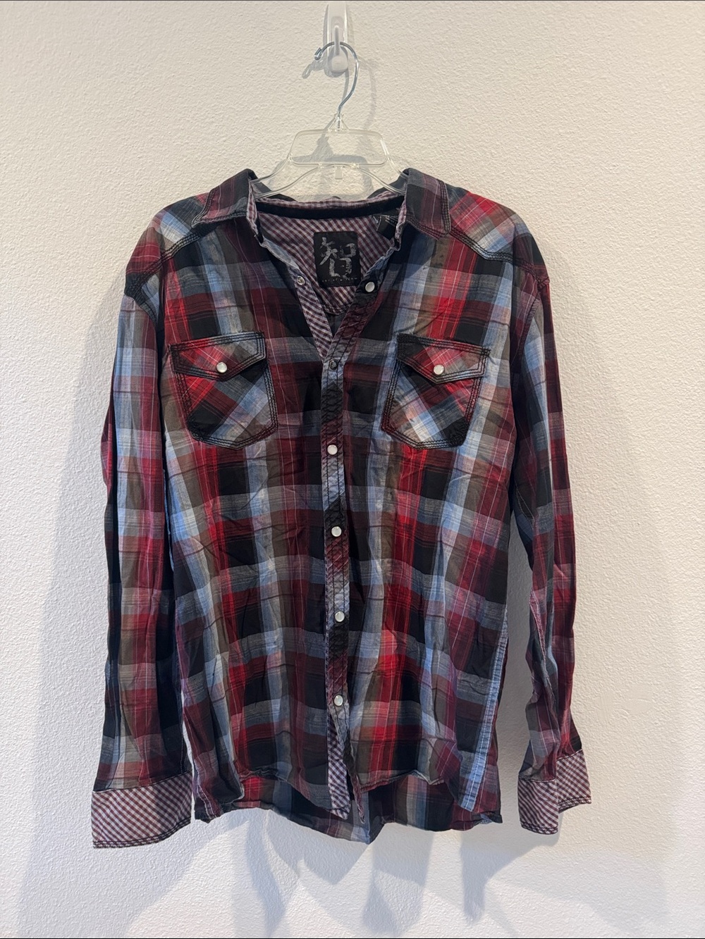 Men's Red and Blue Plaid Button-Up Shirt